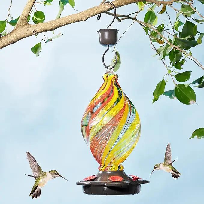 LUJII Ice Cream Shaped Spiral Hummingbird Feeder for Outdoors Hanging, Hand Blown Glass, 28 fl.oz, Leak Proof & Rustproof, Includes an Ant Moat, Unique Garden, Outside & Backyard Decor (Ribbon) by GreenHaven Gardens