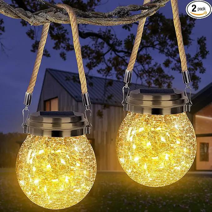 Solar Lantern Crackle Glass Ball, 2 Pack Garden Hanging Solar Lights Outdoor Waterproof Lanterns with 30 Warm White LED for Outdoor Decor Patio Yard Lawn Pathway by GreenHaven Gardens