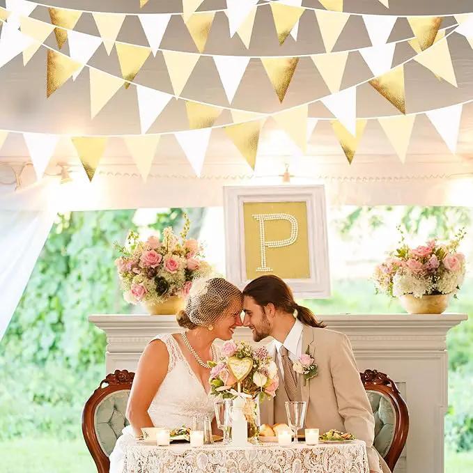 White and Gold Party Decorations Gold Beige White Fabric Triangle Pennant Banner Flag Bunting Garland for Graduation Wedding Birthday Bridal Shower Anniversary Engagement Baptism Party Supplies by GreenHaven Gardens