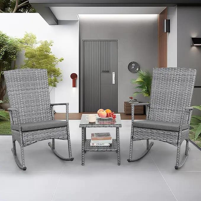 Outdoor Rocking Chair 3 Pieces High-Backed Rocking Chair Patio Rocking Chairs Outdoor Table and Chairs Anti-Slip Cushions Dark Grey by GreenHaven Gardens