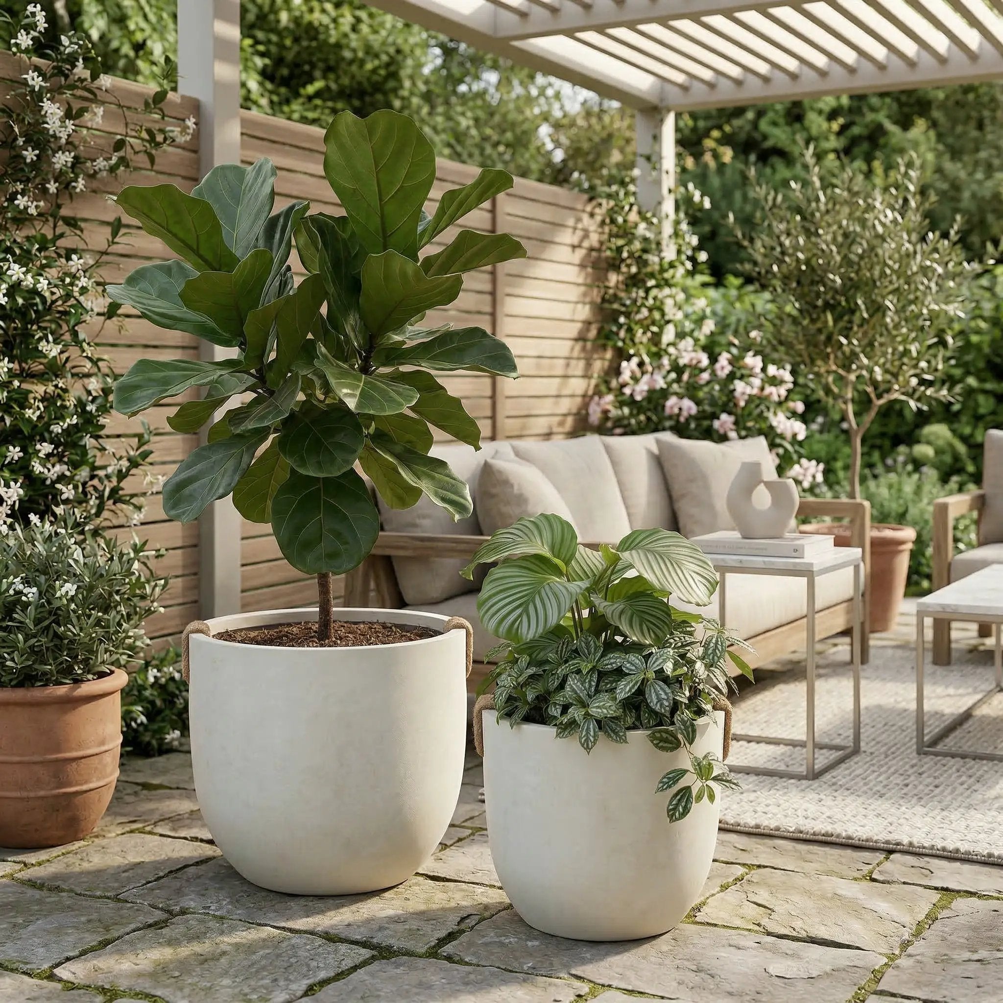 Round Concrete Planter Set of 2, Large Handmade Off White Pots by HouseOfZazla