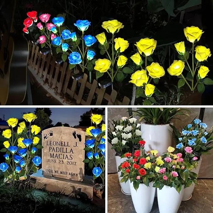 Solar Garden Lights - Realistic 20 Rose Waterproof Solar Flowers for Outside Patio Yard Pathway & Christmas Decorations, Blue & Yellow by GreenHaven Gardens
