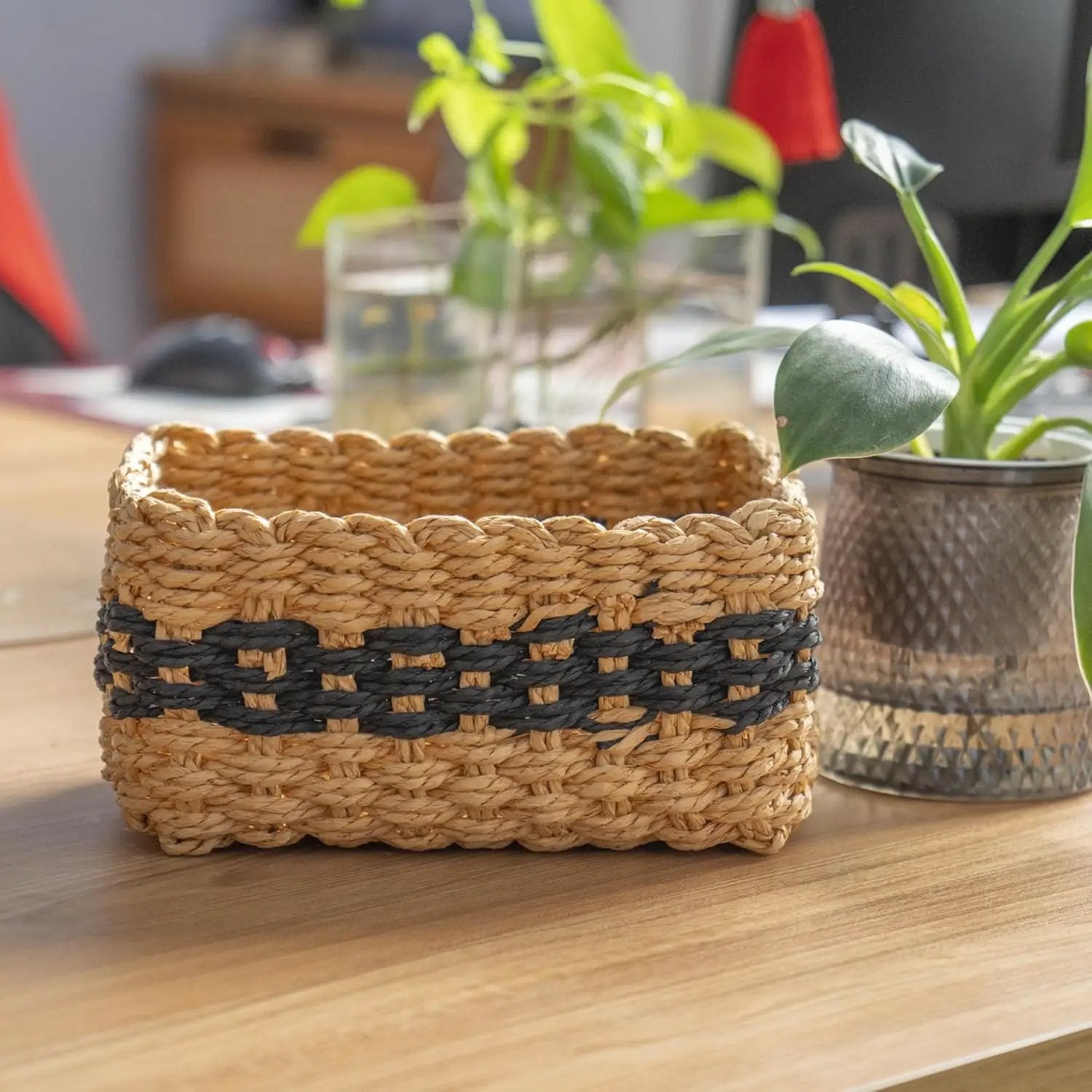 Small baskets for Organizing,Cute woven Storage basket with recycled paper rope for Shelves Bathroom,Little decorative basket,Set of 3 (Desert&Black) by GreenHaven Gardens