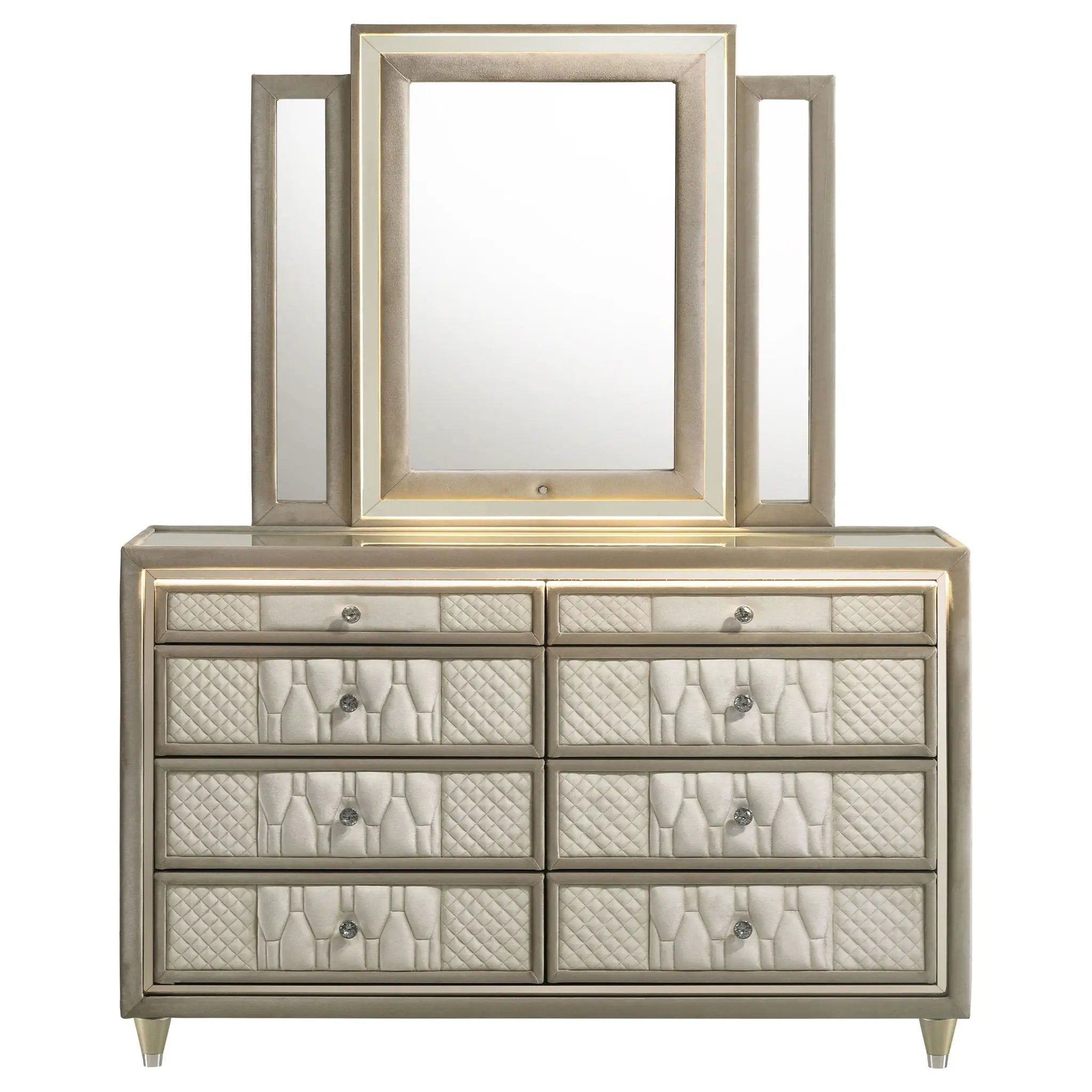 Lorient 8-drawer LED Dresser with Mirror Ivory and Camel by Unique Piece Furniture
