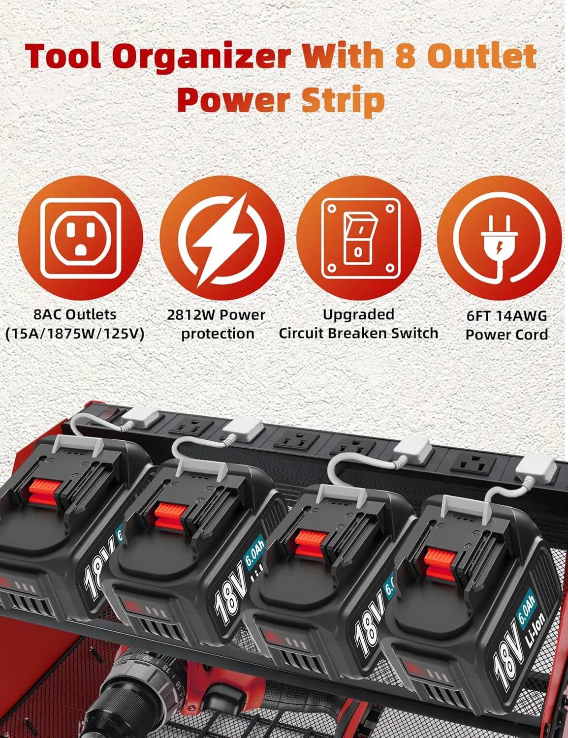 Power Tool Organizer wtih Charging Station，3 Layers Storage Rack with Screwdriver Rack 6 Drill Holders 8 Outlets Max Load 110lbs，for Workshop Garage Organizers and Storage Tool Battery Holder (red) by GreenHaven Gardens