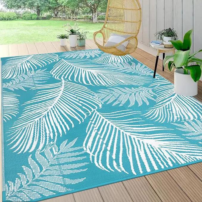 Pauwer Waterproof Outdoor Rug 6x9, Reversible Plastic Straw Patio Camping Rug, Indoor Outdoor RV Mat Carpet for Deck, Camper, Porch, Balcony, Backyard, Picnic, Leaf Teal by GreenHaven Gardens