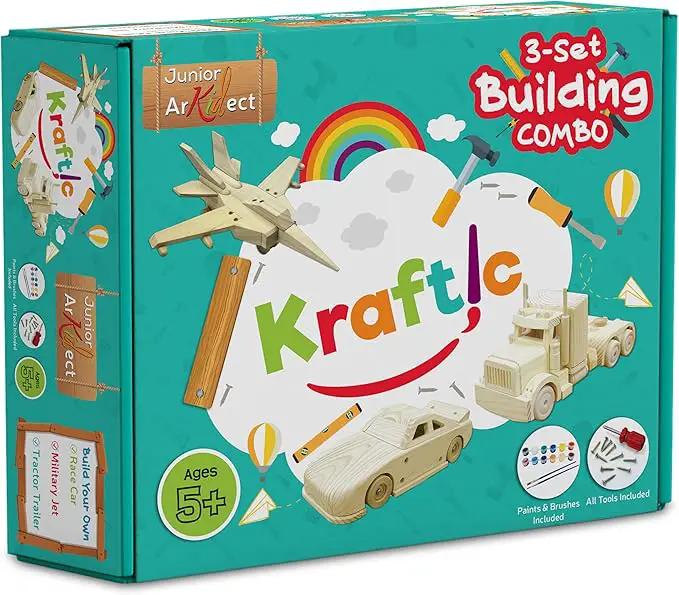Kraftic Woodworking Building Kit for Kids and Adults, 3 Educational DIY Carpentry Construction Wood Model Kit Toy Projects for Boys and Girls - Build a Wooden Military Jet Race Car and Tractor Trailer by GreenHaven Gardens