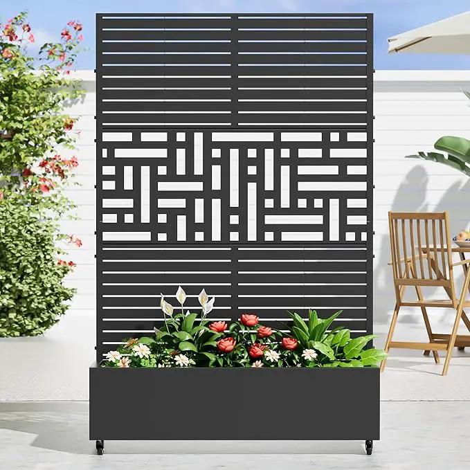 Casaphoria Metal Raised Garden Bed with Trellis and Wheels, 72"x47"x16" Planter Box for Climbing Plants, Vegetables & Vines, Features Drainage Holes and Privacy Screen, Black(Louvered&Helen) by GreenHaven Gardens