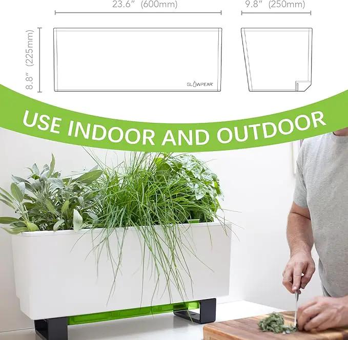 Glowpear Self-Watering Mini Bench Planter - 23.6" in Pot, Free Standing, UV Stable, Scalable, Indoor | Outdoor Pot with Water Gauge, for Home Kitchen Windowsill Gardening by GreenHaven Gardens