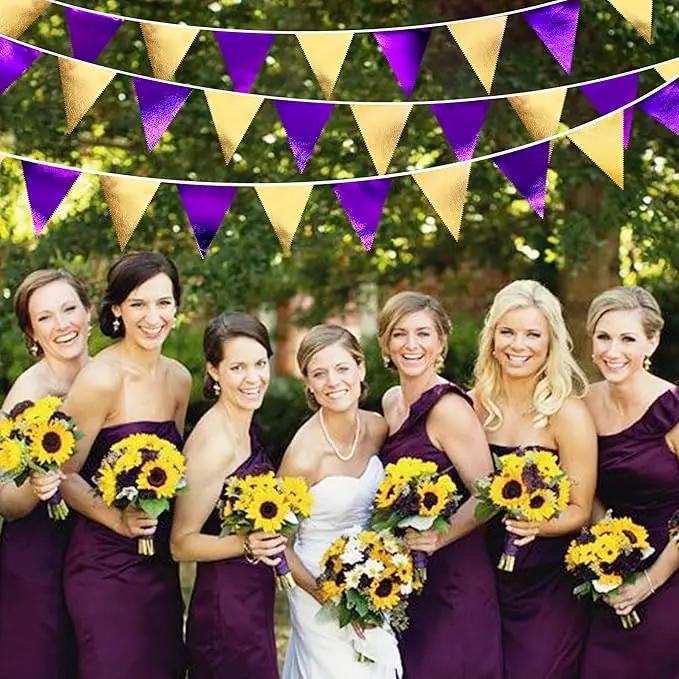 Purple and Gold Party Decorations Metallic Fabric Triangle Pennant Banner Flag Bunting Garland for Graduations Birthday Retirement Wedding Baby Shower Bachelorette Halloween Outdoor Party Supplies by GreenHaven Gardens