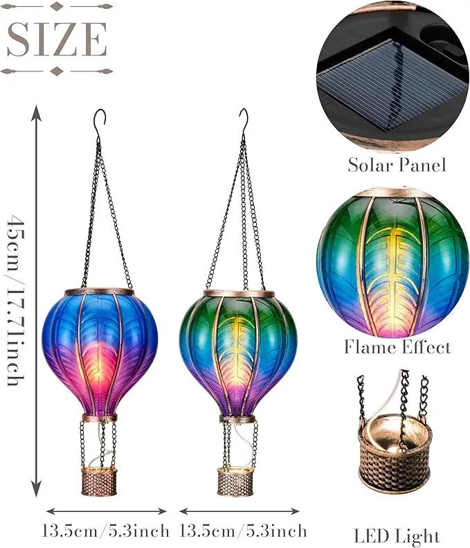TERESA'S COLLECTIONS 2 Pack Hanging Solar Lantern Outdoor Garden Decor for Valentine ,Waterproof Plastic Hot Air Balloon Green Flickering Flame Effect Lantern for Yard Tree ,18" by GreenHaven Gardens