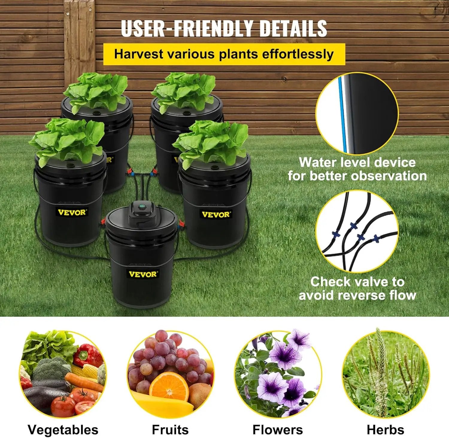 VEVOR DWC Hydroponic System, 5 Gallon 5 Buckets, Deep Water Culture Growing Bucket, Hydroponics Grow Kit with Pump, Air Stone and Connected Reservoir, for Indoor/Outdoor Leafy Vegetables by GreenHaven Gardens