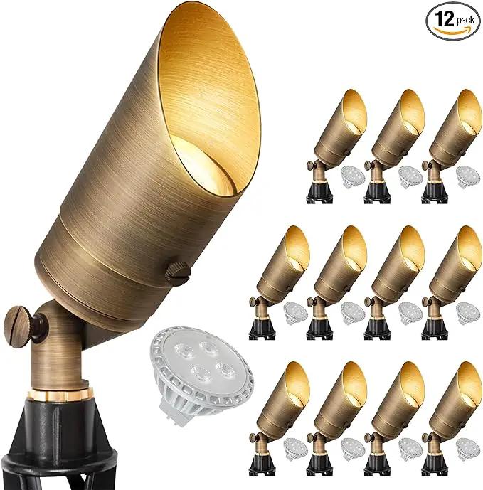 GKOLED 12 Pack Brass Landscape Spotlight, LED Low Voltage Landscape Lighting, Outdoor Adjustable Lights for Yard Wall Lawn Tree Patio Garden, Waterproof Directional Up Light with 5W MR16 Bulb by GreenHaven Gardens