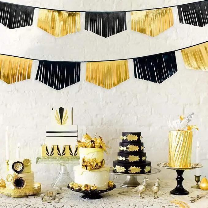 Black and Gold Tassel Banner Double Sided Metallic Fabric Pennant Bunting Flag Garland for Graduation Anniversary Bachelorette Birthday Engagement Wedding Bridal Shower Hen Party Decorations Supplies by GreenHaven Gardens