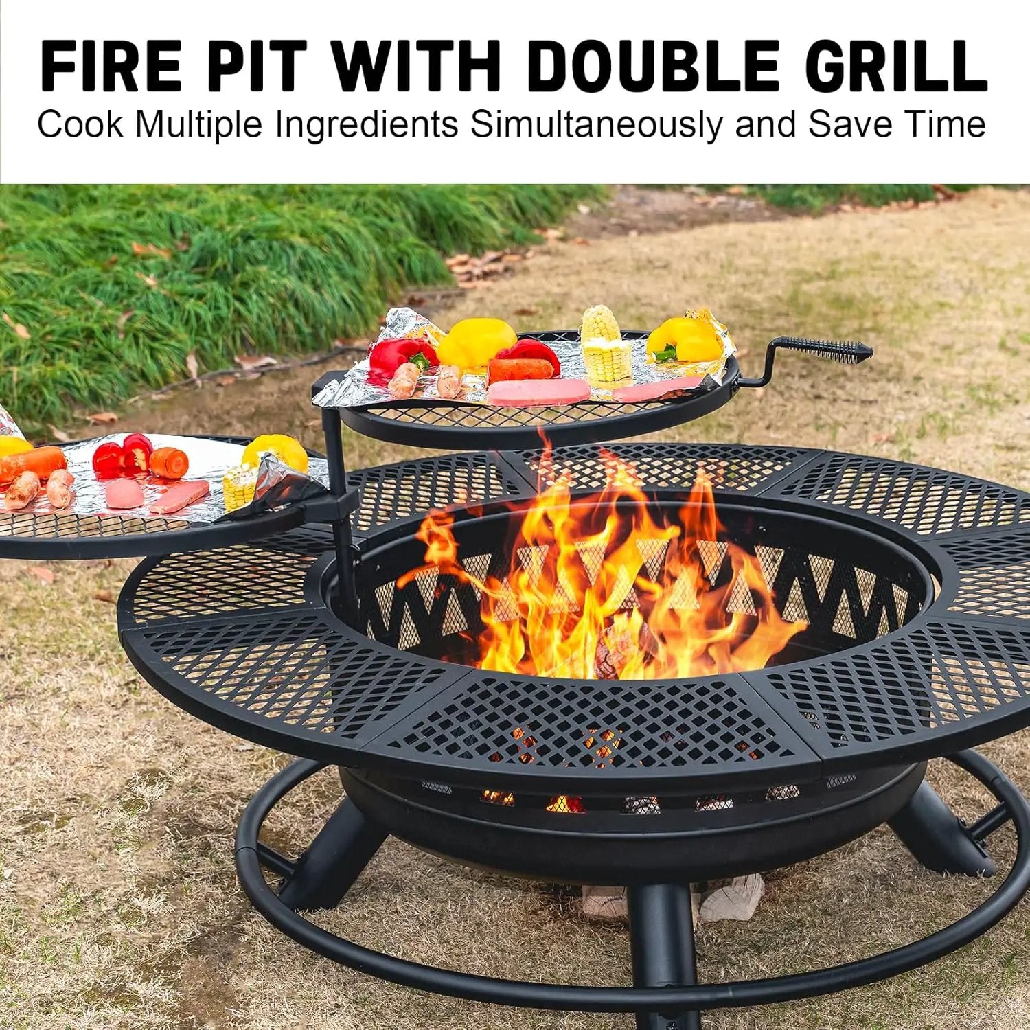 47 Inch Fire Pit with 2 Grills, Outdoor Extra Large Firepits for Outside, Wood Burning Fireplace for Camping,Picnic,Bonfire, 3-in-1 Round Metal Table with Lid for Backyard,Patio,Party by GreenHaven Gardens