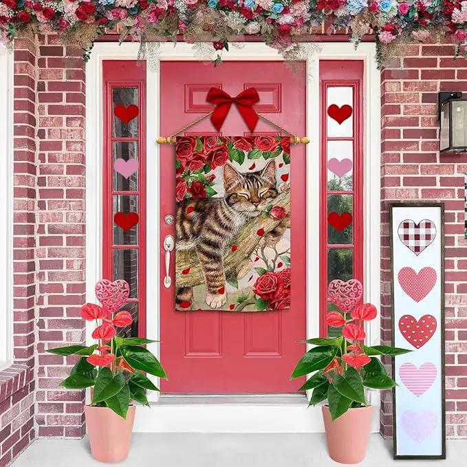 BLKWHT Valentines Cat House Flag 28 x 40 Vertical Double Sided Red Roses Spring Farmhouse Holiday Outside Decorations Burlap Yard Flag BW757-40 by GreenHaven Gardens