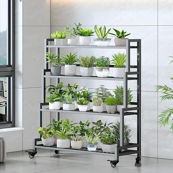 YIZAJIA Plant Stand Indoor 4 Tier Metal Outdoor Tiered Stands Shelf With wheel for Multiple Plants Potted Ladder Plant Holder Table Plant Pot Stand for Window Garden Balcony Living Room (4 Tier-Black) by GreenHaven Gardens