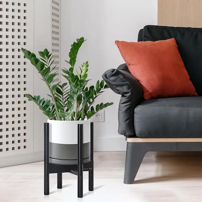 D'vine Dev Ceramic Planter with Ebony Stand - 8 Inch Modern Round Flower Pot with Wood Planter Holder, White/Grey, 55-B-M-6 by GreenHaven Gardens