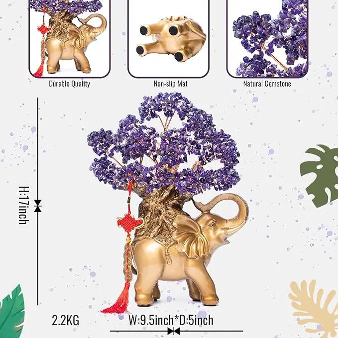 Amethyst Crystal Money Tree on Gold Elephant Statue, 17”Large Gemstone Bonsai Tree of Life Home Décor Gifts for Wealth Positive Energy, Feng Shui Décor by GreenHaven Gardens
