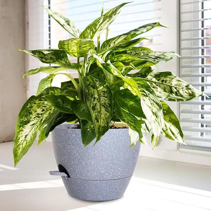 Big Self Watering Pots 12/10/9 inch, Planter, Plant Pots with Mesh Drainage Holes for Indoor Outdoor Garden Plants, Plastic Flower Pots with Removable Deep Reservoir, Speckled Grey by GreenHaven Gardens