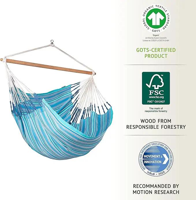 LA SIESTA Habana Hammock Chair, Indoor or Outdoor, Ideal for Sitting or Lying Down, Cotton Hammock, Patio, Swinging Chair, Boho, Max 355 Lbs, King, Azure by GreenHaven Gardens