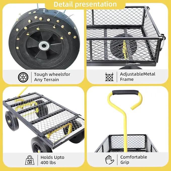 Heavy Duty 480 Lbs Capacity Mesh Steel Garden Cart Folding Utility Wagon with Removable Sides (Black+Yellow) by GreenHaven Gardens