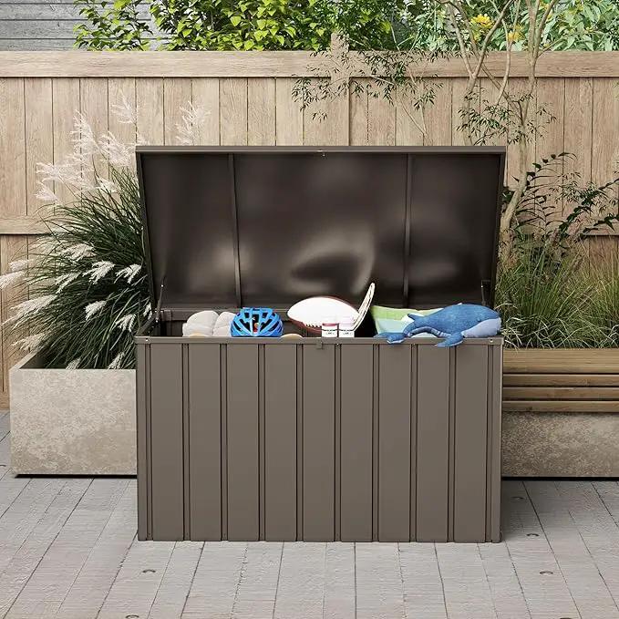 Domi Deck Box 150 Gallon, Waterproof Lockable Steel Outdoor Storage Container for Outside Cushions, Garden Tools and Pools Equipment, Brown by GreenHaven Gardens