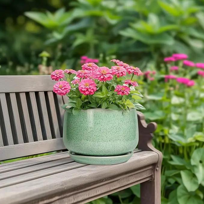 G EPGardening Ceramic Plant Pot - 7 Inch Ceramic Planter for Indoor Outdoor Plants, Flower Pot with Drainage Hole and Tray, Modern Round Planter, Plants Lovers Gifts, Home Garden Decor, Green by GreenHaven Gardens