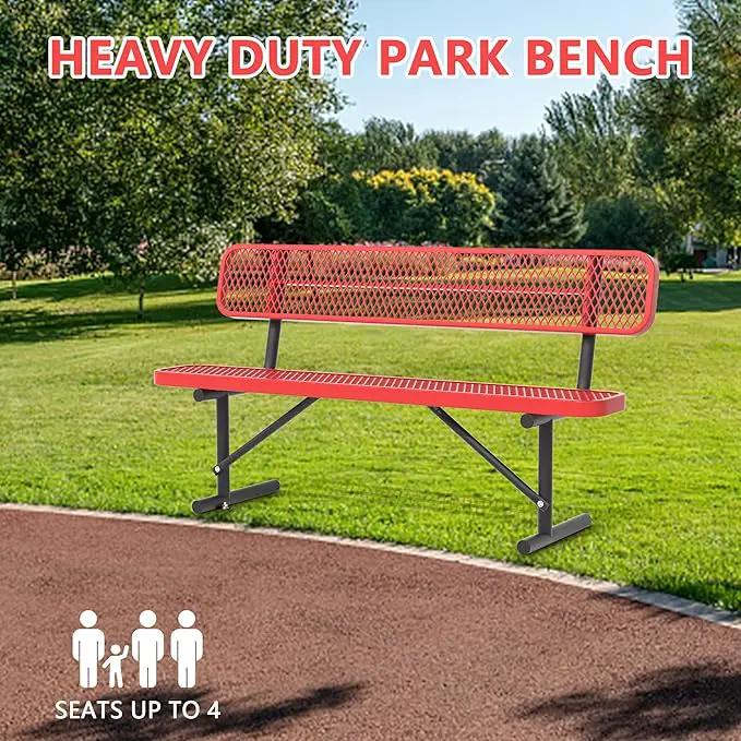 Heavy Duty Park Bench with Back Portable Frame, Outdoor Steel Bench with Backrest, Red Metal Bench Seat Expanded Metal Mesh Bench for Lawn, Park, Deck, Garden, Patio, Porch, Black (Red, 6FT) by GreenHaven Gardens