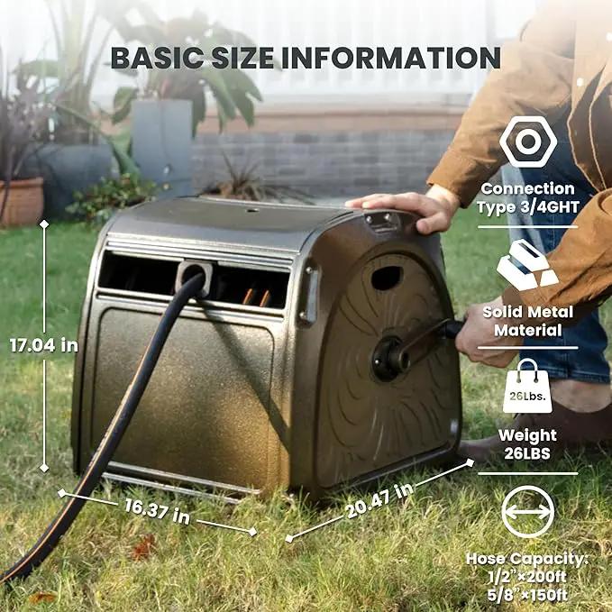 Giraffe Tools SW5-100ft Metal Hose Reel Box, 100 ft Rubber Hose Garden Hose Storage Heavy Duty Reel Hideaway, Crank Handle, 100ft 5/8" Hose, Green by GreenHaven Gardens