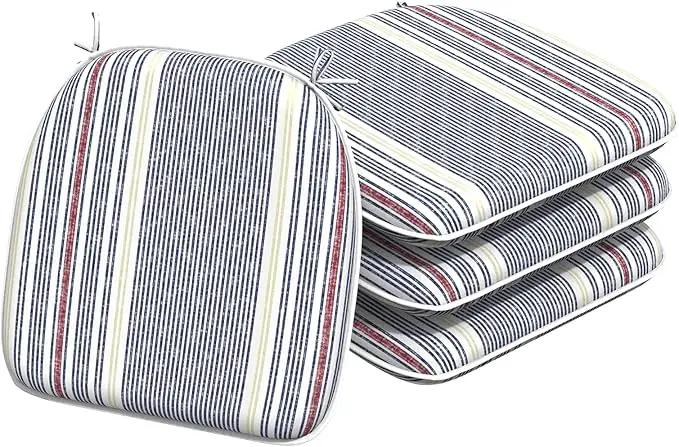 Indoor/Outdoor Chair Cushions 16x17 Inch, Patio Chair Cushions with Ties, All Weather Seat Cushions for Patio Furniture Home Garden Chair Use, Set of 4, Stripe Denim Blue by GreenHaven Gardens