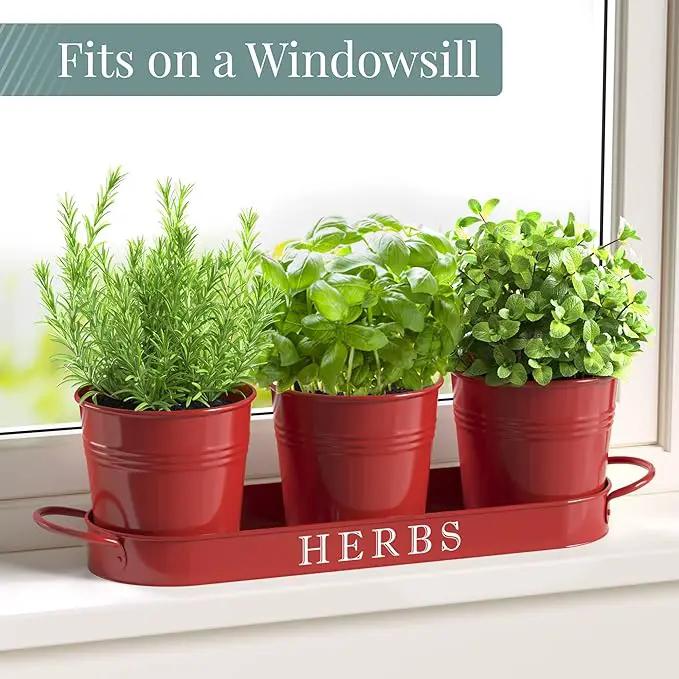 Barnyard Designs Indoor Herb Garden Planter Set with Tray, Metal Windowsill Plant Pots with Drainage for Outdoor or Indoor Plants, Set/3 (Brick Red) by GreenHaven Gardens