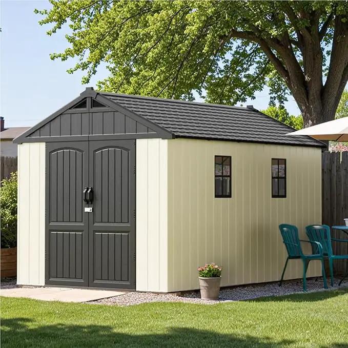Patiowell 8 x 12 FT Resin Outdoor Storage Shed with Floor, Large Shed with Light and Lockable Door for Garden, Backyard, Tool Storage Use, Easy to Install in Beige (Kick-it Shed) by GreenHaven Gardens