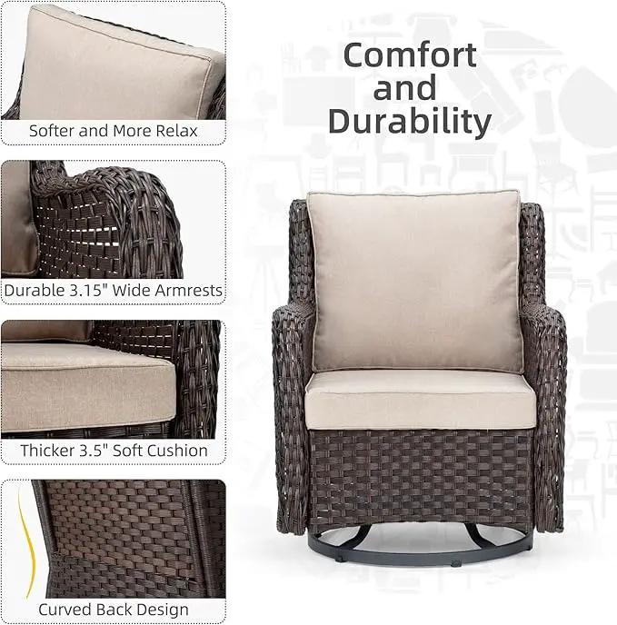 Towallmark Outdoor Swivel Wicker Glider Patio Chairs with Table Set, 3 Pieces Outdoor Bistro Set with 4”Thick Cushions and Coffee Table for Porch, Balcony, Deck (Beige) by GreenHaven Gardens