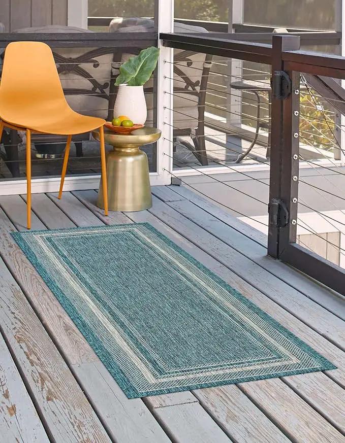 Unique Loom Outdoor Border Collection Area Rug - Soft Border (2' x 8' Runner, Teal/ Ivory) by GreenHaven Gardens