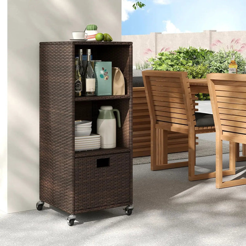 Tangkula Rattan Outdoor Storage Cabinet, Patiojoy Outdoor Wicker Cabinet with 3 Shelves, 1 Removable Drawer, 4 Wheels, Patio Storage Deck Box Cart for Backyard Poolside Porch (Mix Brown) by GreenHaven Gardens