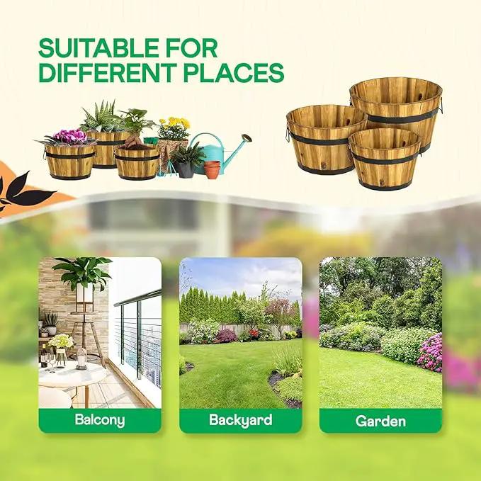 IDZO Set of 3 Wooden Flower Planters for Outdoor Plants, Acacia Wood Barrel Planters, Ergonomic Handles, Drainage Holes, Various Sizes, Golden Teak by GreenHaven Gardens