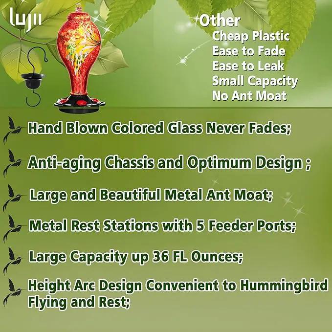 LUJII Hummingbird Feeders for Outdoors, Hand Blown Glass, Never Fade, 36 Fluid Ounces, 5 Feeding Stations, Much Bigger, Garden Backyard Decorative, Containing Ant Moat (Red) by GreenHaven Gardens