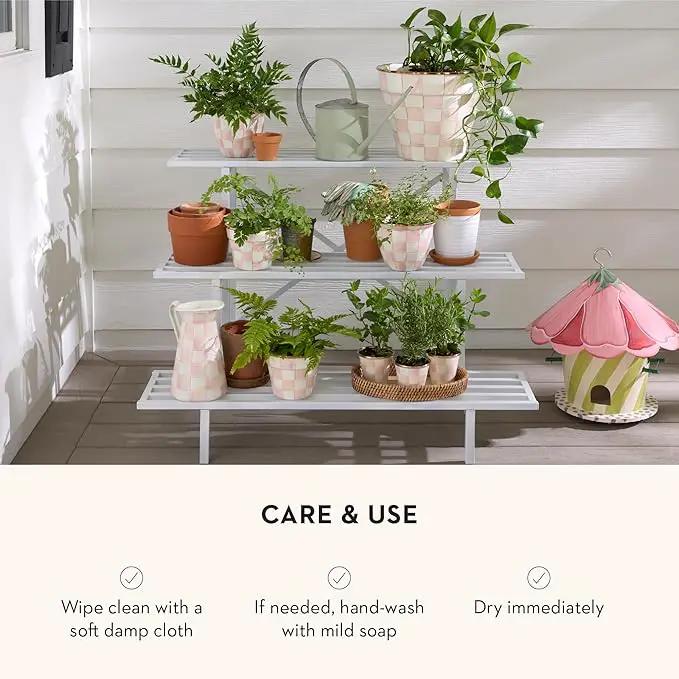 MACKENZIE-CHILDS Enamel Garden Pot, Decorative Pot for Plants, Outdoor Flowerpot Decor, Extra Large, Pink-and-White Rosy Check by GreenHaven Gardens