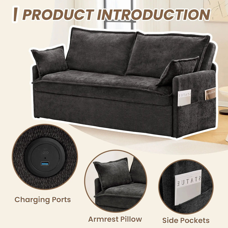 Pull Out Sofa Bed, Convertible Sleeper Sofa Couch, Side Storage, And USB / C - Type Charging Ports Chair by Unique Piece Furniture
