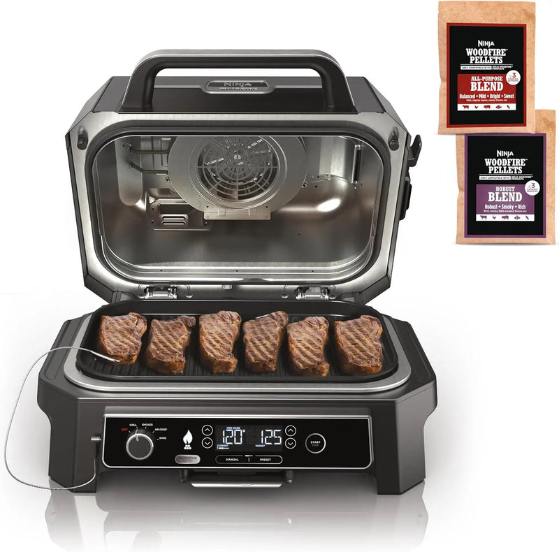 Ninja | Grill & Smoker | Outdoor Woodfire Pro XL | 4 in 1 Grill, BBQ Smoker, Air Fryer & Bake | Portable | Includes Built in Thermometer & 2 Woodfire Pellet Packs | Dark Grey | OG850 by GreenHaven Gardens