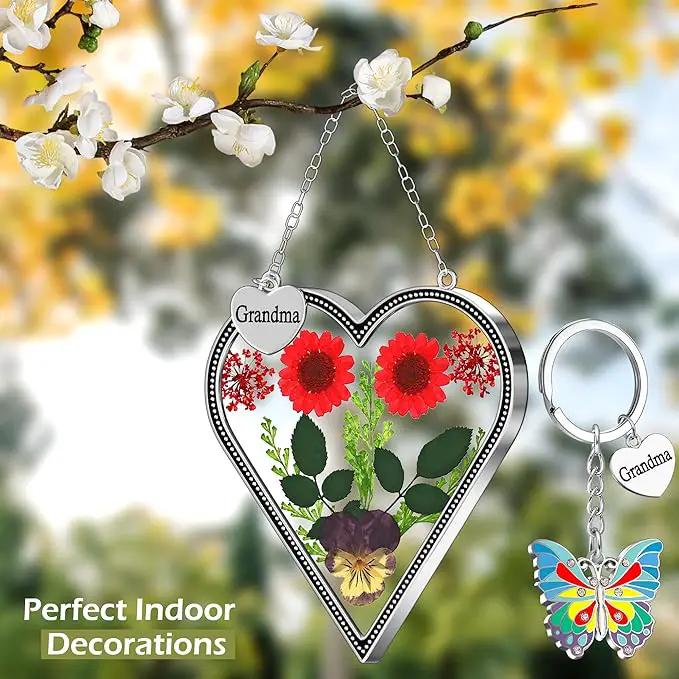 KY&BOSAM Heart Suncatcher Grandma Gifts Glass Butterfly Suncatchers for Window Pressed Flower Between Heart in Glass Metal Engraved Charm Gift for Women Mother's Day Valentine's Birthday Christmas by GreenHaven Gardens
