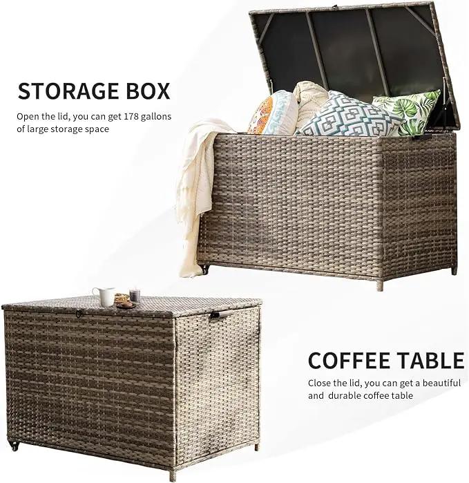 178 Gallon Outdoor Storage Box, Patio Deck Box with 2 Wheels, Handle Large Portable Wicker Rattan Deck Box for Patio Furniture Cushions, Throw Pillows, Garden Tools and Pool Floats (Gray) by GreenHaven Gardens
