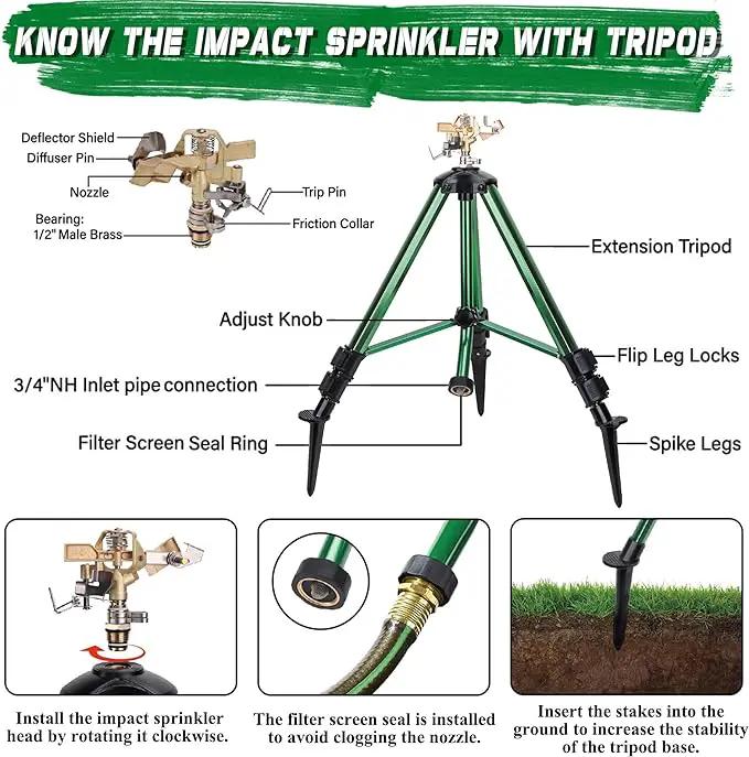 Triumpeek 2 Pack Impact Sprinkler on Tripod Base with Stakes, 360 Degree Large Area Coverage Irrigator with Extension Legs, Adjustable Brass Sprinkler Head Nozzle and 3/4" NH Inlet Hose Connection by GreenHaven Gardens