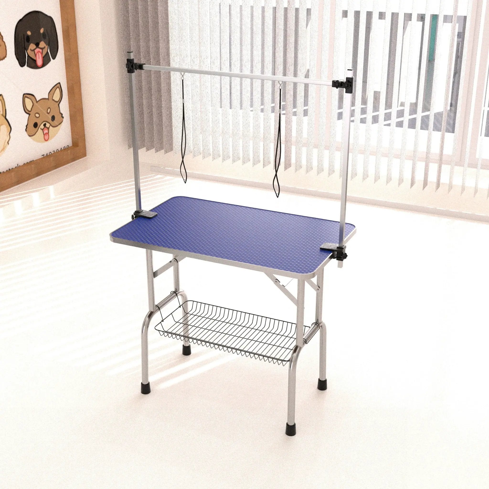 Folding Dog Pet Grooming Table Stainless Steel Frame Rubber Mat On Board With Adjustable Arm And Clamps Pet Dog Cat Grooming Table by HouseOfZazla