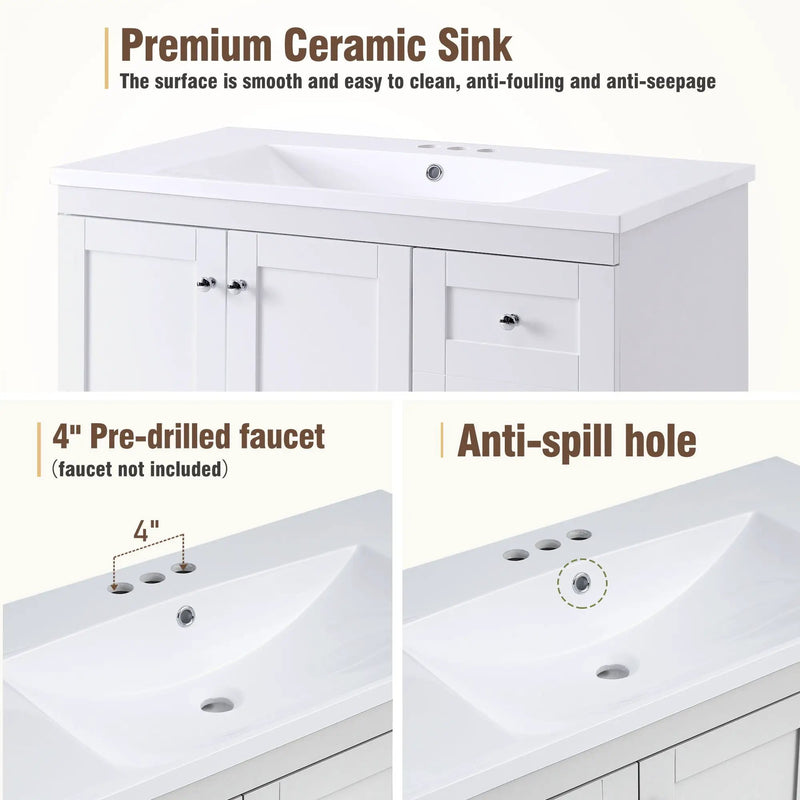 Shaker Free Standing Bathroom Vanity Cabinet & Sink, Soft Close Drawers, Soft Close Doors by HouseOfZazla