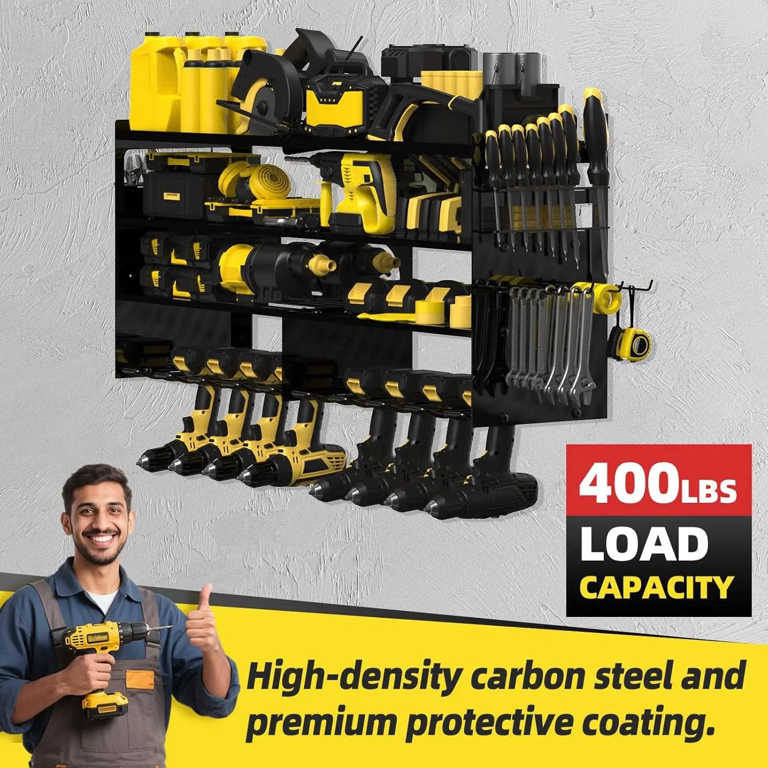 Power Tool Organizer Wall Mount with 8-Drill Holders-600Lbs Load Heavy Duty Metal 4-Layers Garage Storage & Organization Battery Tools Rack with Side Panels Utility Racks Workshop Gifts for Men by GreenHaven Gardens