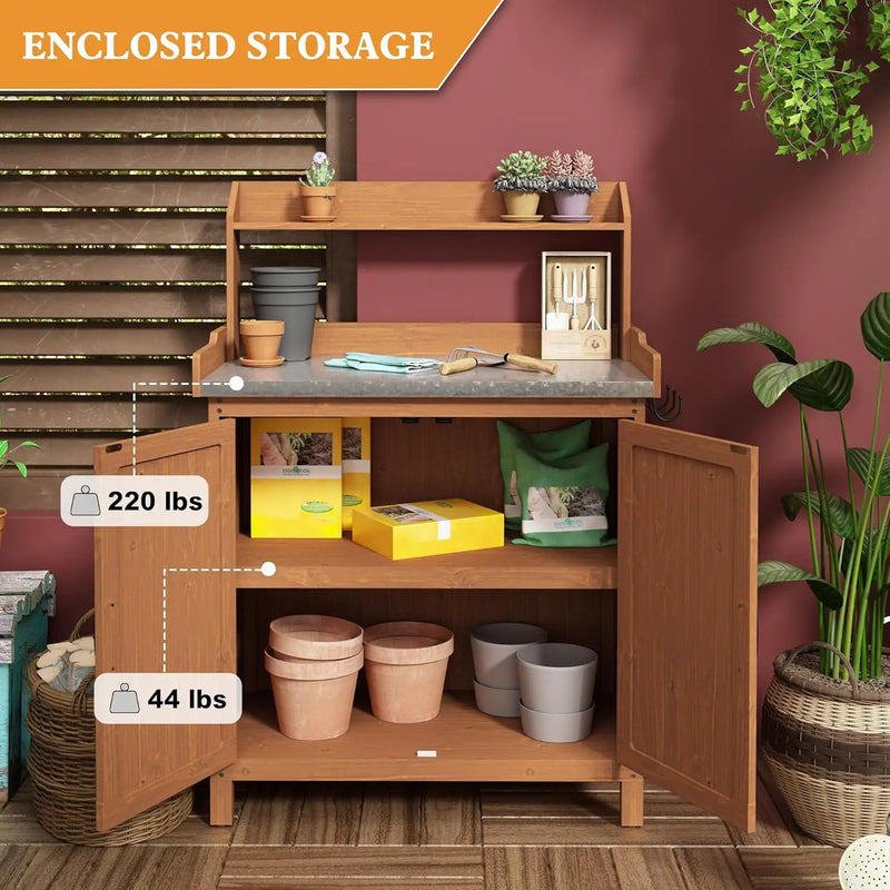 Outdoor Potting Bench with Storage, Wooden Garden Potting Table with Metal Tabletop and Removable Shelf, Potting Work Bench Station for Garden, Patio, Backyard by GreenHaven Gardens