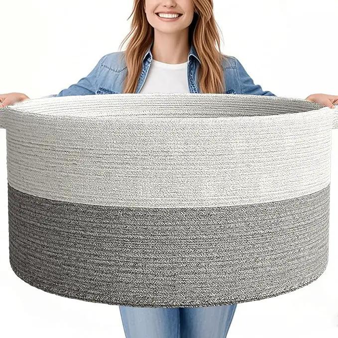 125L Extra Large Blanket Basket, 25" x 16", Jumbo Laundry Woven Basket Decorative Home, Cotton Rope Basket with Handles, Baby Toy Basket for Storage, White & Gray, 2PC by GreenHaven Gardens