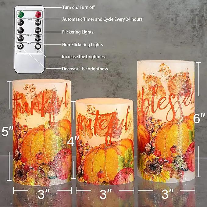 Thanksgiving Blessings LED Candles Pumpkin Glitter Desgin Real Wax Flickering Flameless Fall Harvest Battery Operated with Remote Timer 6H for House Warming Gifts New Home Table Tary Decor by GreenHaven Gardens